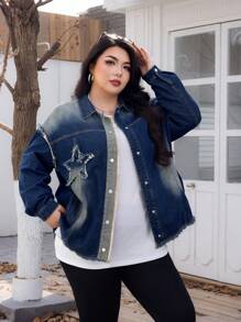 SHEIN EZwear Áo khoác denim vá hình ngôi sao, giặt thường ngày cỡ lớn, quần áo Giáng sinh cho phụ nữ, Lễ Tạ ơn, mùa thu - Rửa tối - Xem 1