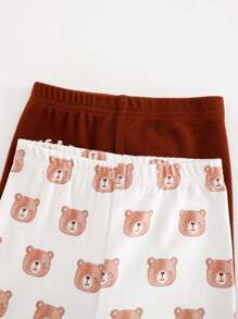 Cozy Pixies 2 件装婴儿/幼儿卡通棕熊图案针织柔软松紧腰打底裤套装，适合秋冬季，柔软温暖，百搭休闲装，适合外出、室内、度假和假日场合 - 彩色 - 查看 5