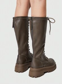 ROMWE 深色皮革系带及膝靴，厚底哥特式靴，带侧拉链，适合圣诞节和新年假期氛围秋冬季女士 - 卡其色 - 查看 5