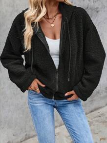 INAWLY Women Solid Color Front Zipper Long Sleeve Pocket Casual Jacket - Black - View 6