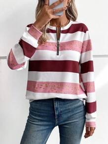 SHEIN LUNE 女士彩色拼布半拉链长袖运动衫 - 彩色 - 查看 1