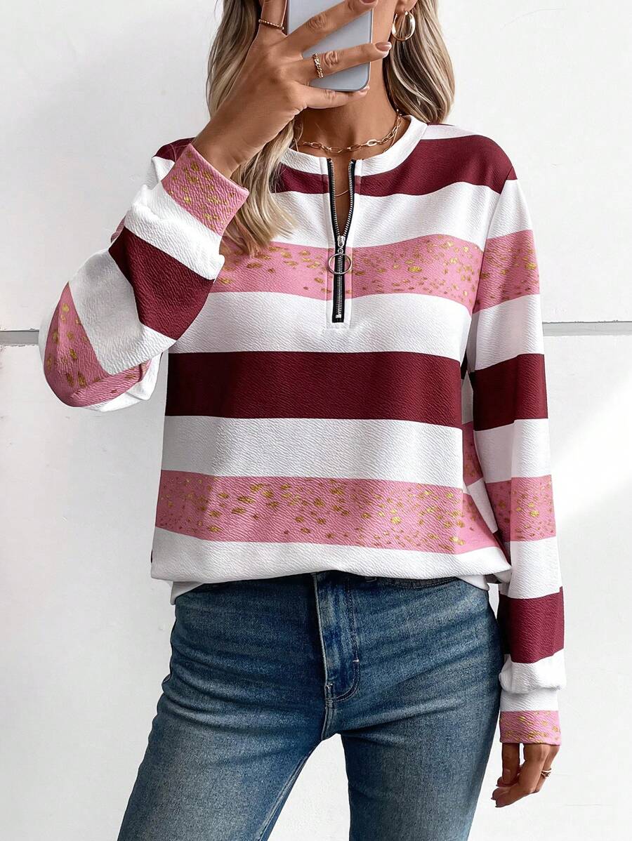 SHEIN LUNE 女士彩色拼布半拉链长袖运动衫 - 彩色 - 查看 1