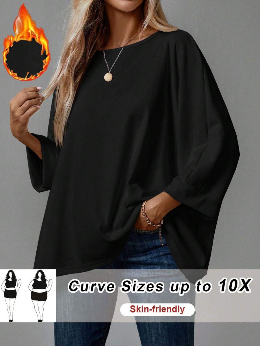 SHEIN CURVE+ 大码长袖宽松舒适家庭风格女式 T 恤 - 黑色 - 查看 1