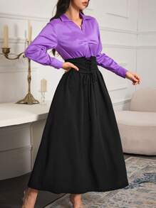 Modelyn Women's Colorblock Collar Pleated Elegant Long Sleeve Dress Long Evening Dresses