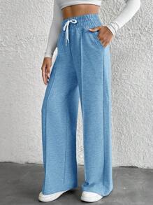 Cottnline Cotton Petite Drawstring Waist Wide Leg Pants - Baby Blue - View 5