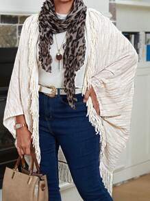 EMERY ROSE Plus Size Women Solid Color Batwing Sleeve Tassel Patchwork Poncho Outerwear, Fall And Winter Clothes For Women - Multicolor - View 1