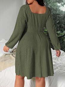 Flirla Rib Knit Print Tie Front Long Sleeve Dress, Plus Size - Army Green - View 2