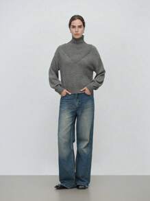 SHEIN LUNE Solid Color Long Sleeve Minimalist Turtleneck 2 In 1 Sweater, Casual Everyday Wear Knit Pullover Fall Winter - Grey - View 3