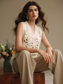 Anewsta Elegant Luxury Vacation V-Neck Openwork Beaded Loose Knit Sweater Top, Christmas & New Year For Women - White - View 1