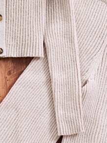 SHEIN Tween Girls Light Khaki Casual Comfortable Knitted Ribbed Button-Up Cardigan & Wide Leg Pants Set, Soft Light Khaki,In Fall/Winter - Khaki - View 6