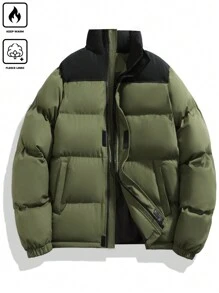 Manfinity Homme Plus Size Men's Casual Colorblock Long Sleeve Zip Front Padded Coat, Winter Going Out Bubble Coat Green Winter Coat, For Friends, Husband, Boyfriend Gifts - Multicolor - View 5