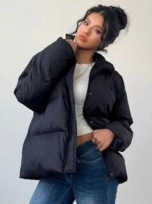 Aloruh Áo khoác chần bông rộng màu đen trơn cho nữ, Thu/Đông - màu đen - Xem 1