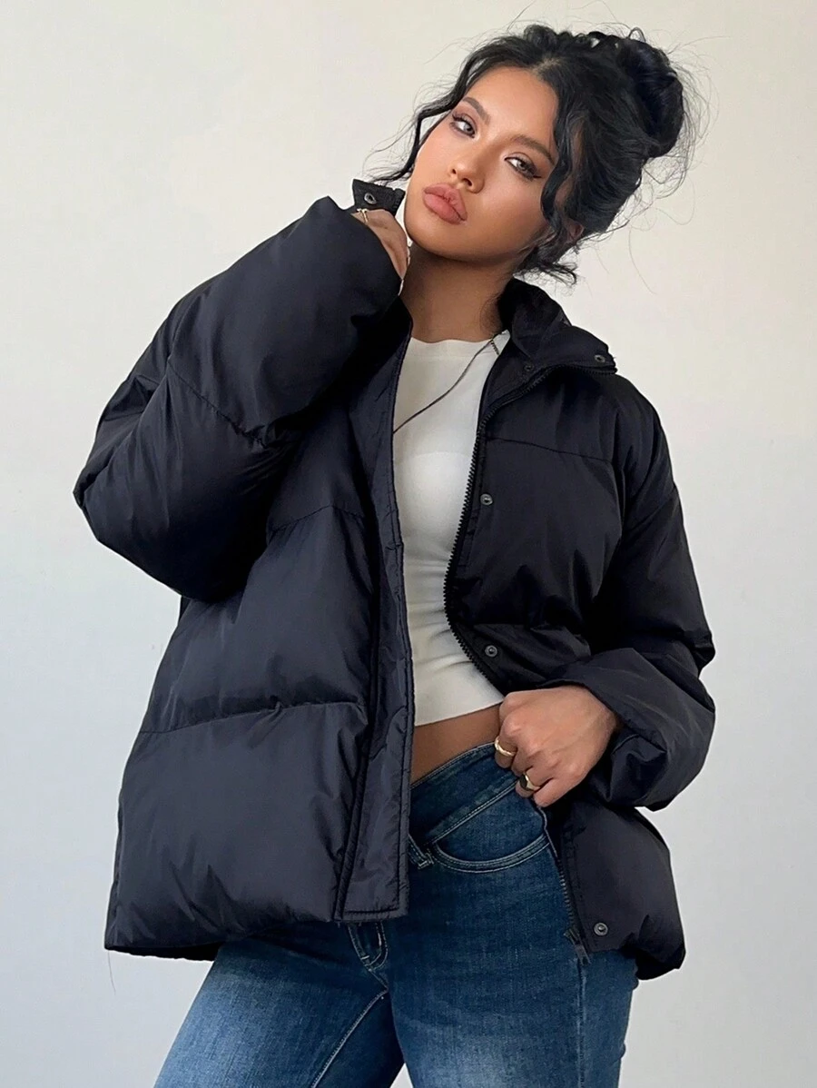 Aloruh Áo khoác chần bông rộng màu đen trơn cho nữ, Thu/Đông - màu đen - Xem 1