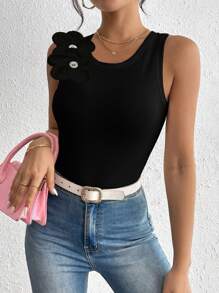 Chiquease 时尚优雅 3D 花卉装饰修身吊带背心 - 黑色 - 查看 5