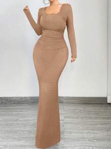 SHEIN SXY Đầm dài tay cổ vuông màu đen lấp lánh, ôm sát eo, thanh lịch và quyến rũ, thích hợp cho các buổi hẹn hò, tụ tập, tiệc sinh nhật và sự kiện - Màu be - Xem 4