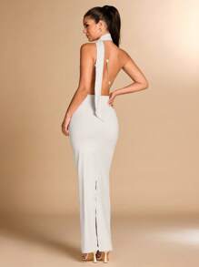 SHEIN BAE 纯色长裙，露背吊带，水晶链装饰，优雅简约的设计，适合鸡尾酒会、浪漫约会、冬季分层穿着、派对、婚礼伴娘、晚间外出