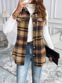 SHEIN LUNE Plaid Print Revers Voorkant Knoop Casual Mouwloos Vest Jasje