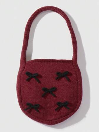 Kawaii 1 pieza Bolso de mano tejido de estilo gótico rojo de corte retro artístico coreano con decoración de lazo, apto para mujeres, uso diario, regalo para vacaciones
