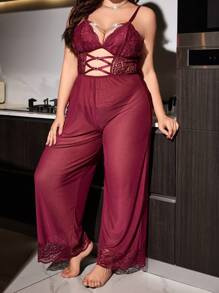 Plus Size Sexy Lace Mesh Jumpsuit With Deep V-Neck, Metal Chain Detail, Elegant Loungewear Jumpsuit