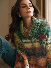 Anewsta 女士时尚不对称撞色条纹宽松高领毛衣，饰有3D立体花卉刺绣，秋冬针织套头衫 - 彩色 - 查看 5