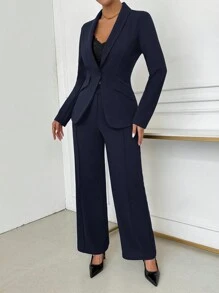 SHEIN SXY 女士优雅单排扣缺口翻领西装外套和裤子套装秋冬女装办公室服装 - 藏蓝色 - 查看 6