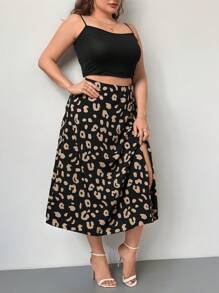 SHEIN Privé Plus Leopard Print Split Thigh Skirt - Black - View 5