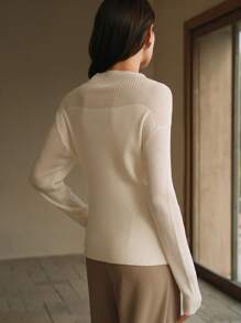 Anewsta 女士落肩圆领长袖修身套头衫，秋冬款 - 杏色 - 查看 2