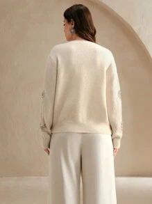 Anewsta Heavily Hand-Embroidered Diamond Decor Plus Size Open-Front Knitted Cardigan
