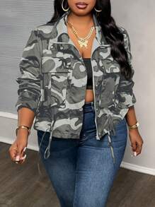 Slaydiva Plus Size Camouflage Print Drawstring Hem Jacket For Dailywear