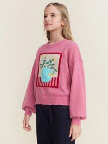 SHEIN Tween 女童图案印花圆领休闲套头毛衣 - 粉色 - 查看 5