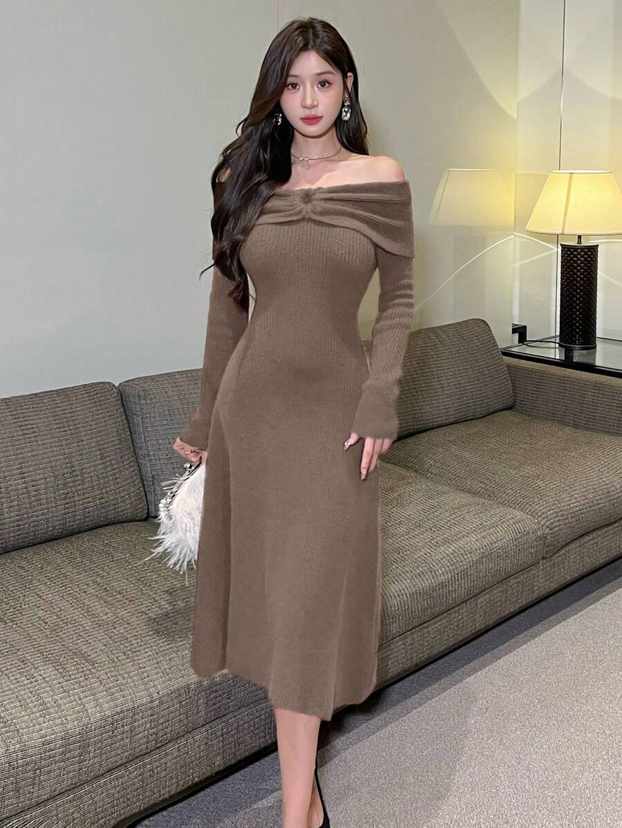 DAZY 1 pezzo Abito a maglia a media lunghezza con spalle scoperte e fiocco, Abito in maglia autunnale da donna, Abito da sera - Caffè Marrone - Visualizzare 1