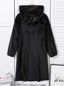 青少年女孩哥特式兔耳朵连帽法兰绒睡袍，冬季保暖阻燃睡衣 - 黑色 - 查看 2