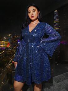SHEIN Privé Plus Size Women Sparkly Shimmery Purple A-Line Bell Sleeve Short Dress - Blue - View 6