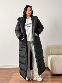 SHEIN EZwear Abrigo acolchado con capucha, cintura con cordón, unicolor, casual, talla grande, para invierno