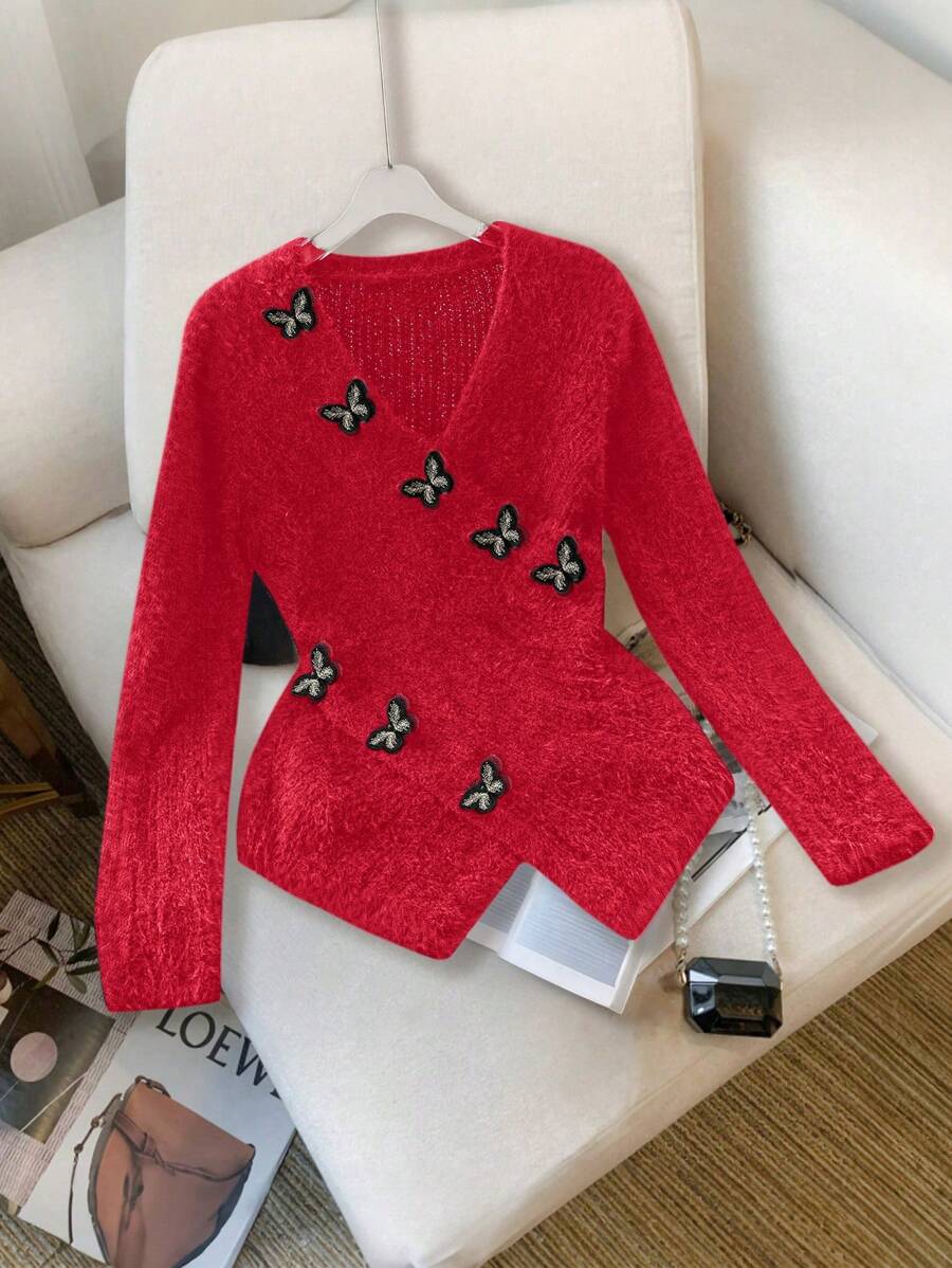 SHEIN Clasi 女士优雅蝴蝶装饰交叉裹身毛衣,秋冬新年服装 - 紅色 - 查看 1