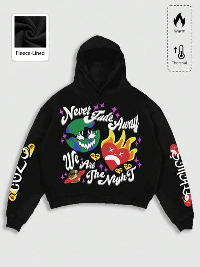 Street Life Sweat-shirt à capuche à manches longues décontracté, imprimé de lettres et de dessins animés pour hommes, coupe ample, automne