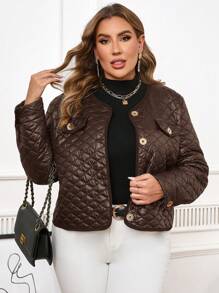 SHEIN Clasi Áo khoác đệm họa tiết kim cương cỡ lớn thanh lịch cho nữ, tay dài màu trơn, mùa đông - màu nâu - Xem 3