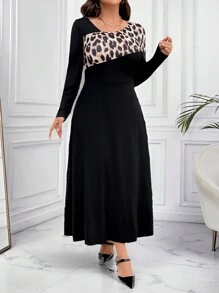 SHEIN Clasi Plus Size Women's Asymmetric Hemline Leopard Print Dress - Black - View 6