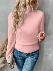 SHEIN LUNE 女士纯色高领长袖休闲套头毛衣，秋冬针织套头衫 - 粉色 - 查看 4