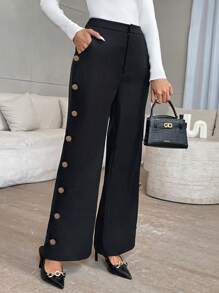 Firerie Women's Casual Everyday Button Decor Slant Pocket Wide Leg Pants, Spring/Autumn - Black - View 1