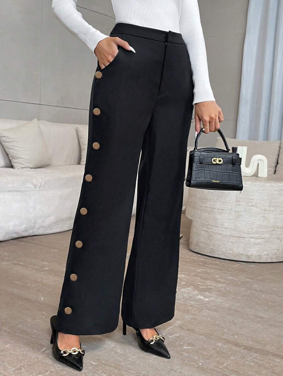 Firerie Women's Casual Everyday Button Decor Slant Pocket Wide Leg Pants, Spring/Autumn - Black - View 1