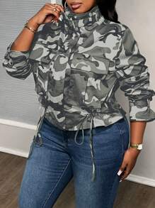 Slaydiva Plus Size Camouflage Print Drawstring Hem Jacket For Dailywear