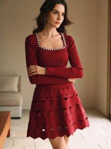 Anewsta 水钻装饰方领荷叶边下摆针织迷你连衣裙 酒红色女装