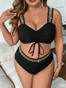 SHEIN Swim Curve 夏季海滩加大码女式比基尼套装带抽绳和水钻装饰 - 黑色 - 查看 4