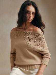 Anewsta Elegant Handmade Beaded Off-Shoulder Pullover Sweater, Women's Winter Knitted Sweater - Khaki - View 9