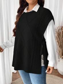 SHEIN CURVE+ 大码女式红色圆领扭结侧蝴蝶结宽松无袖背心，优雅适合秋冬季通勤和度假 - 黑色 - 查看 3