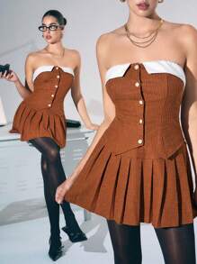 VaVaBold 2pcs/Set Women's Fashion Sexy Office Outfit - Button-Up Collar Asymmetrical Fitted Camisole Top And Pleated Skirt New Years Off The Shoulder Tube Tops Club Holiday Party Outfits Women