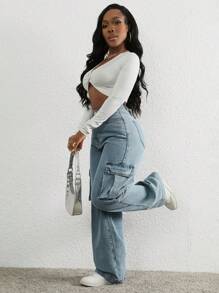 SHEIN Slayr Women's Casual Cargo Pocket High Waist Straight Leg Jeans