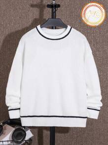 Tween Boy White Casual Streetwear Back-To-School Solid Color Contrast Striped Ribbed Graphic Round Neck Sweater, Suitable For Autumn, School, Party - Black and White - View 2