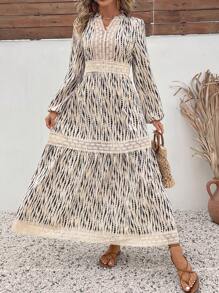 SHEIN VCAY Váy nghỉ dưỡng thường ngày cổ chữ V chắp vá tay đèn lồng xếp ly cho nữ, mùa thu/đông - Nhiều màu - Xem 1